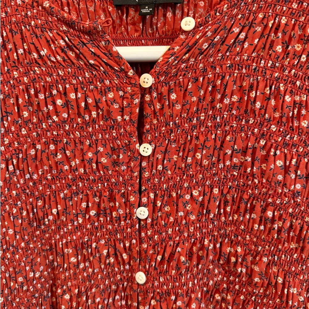 Madewell Red Smocked Long Sleeve Dress - Picture 2 of 8